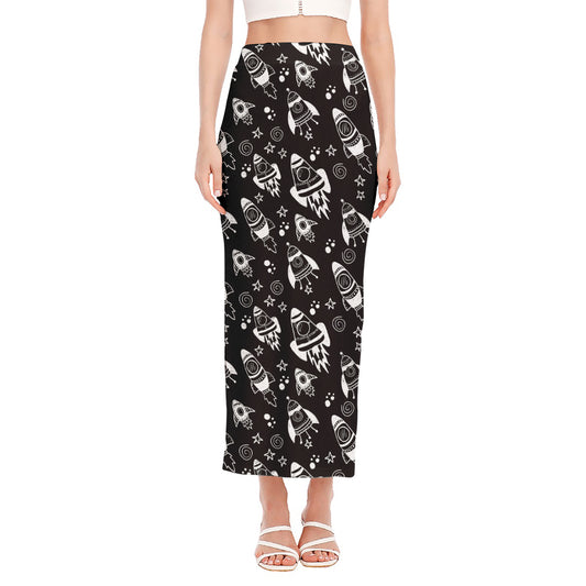 Black And White Rocket Pattern Print Side Slit Maxi Skirt