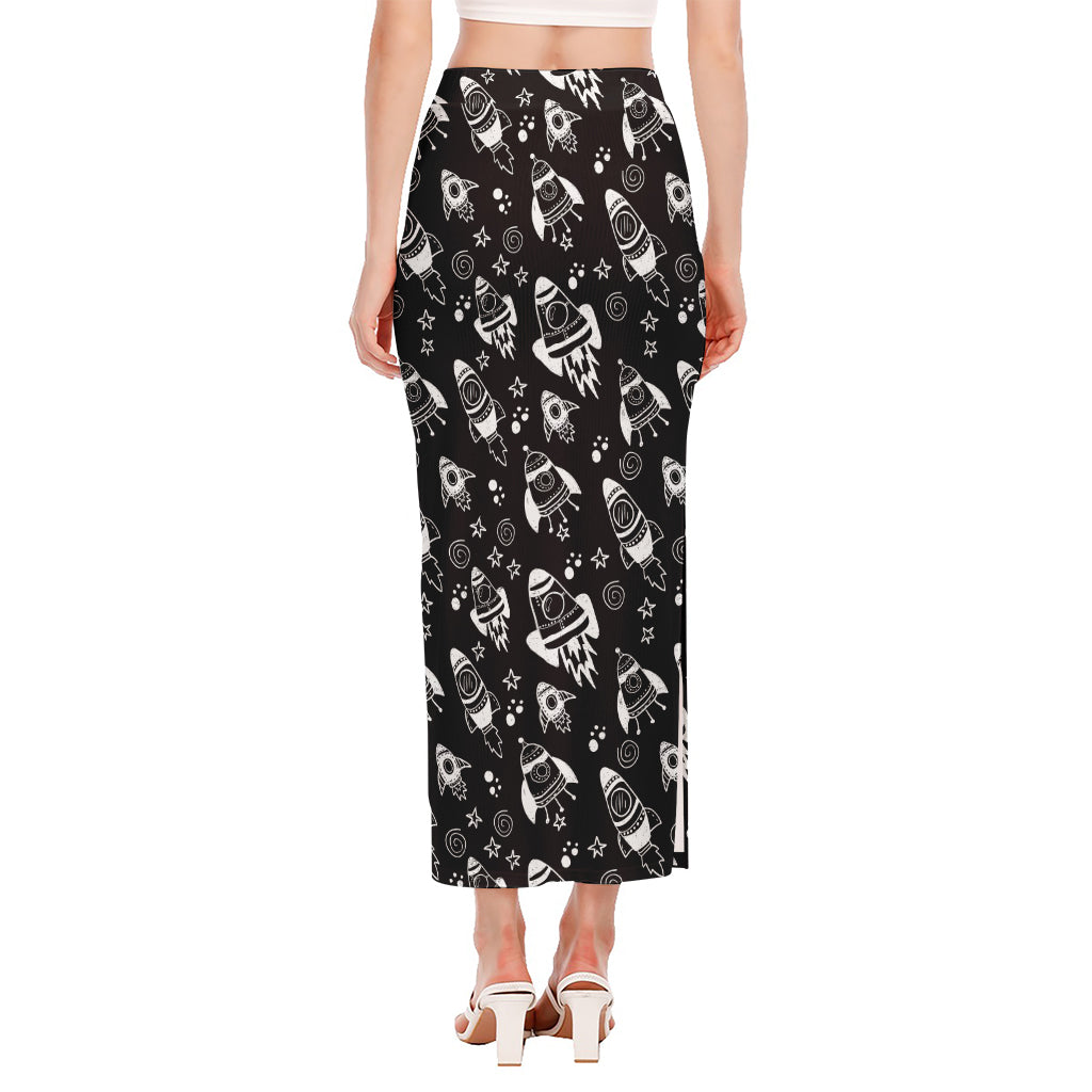 Black And White Rocket Pattern Print Side Slit Maxi Skirt