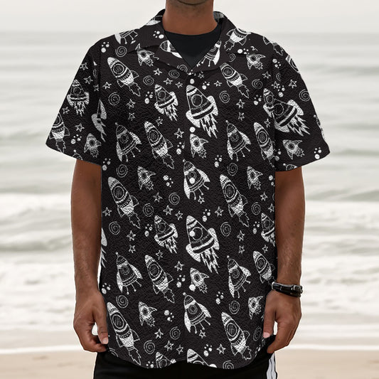 Black And White Rocket Pattern Print Textured Short Sleeve Shirt