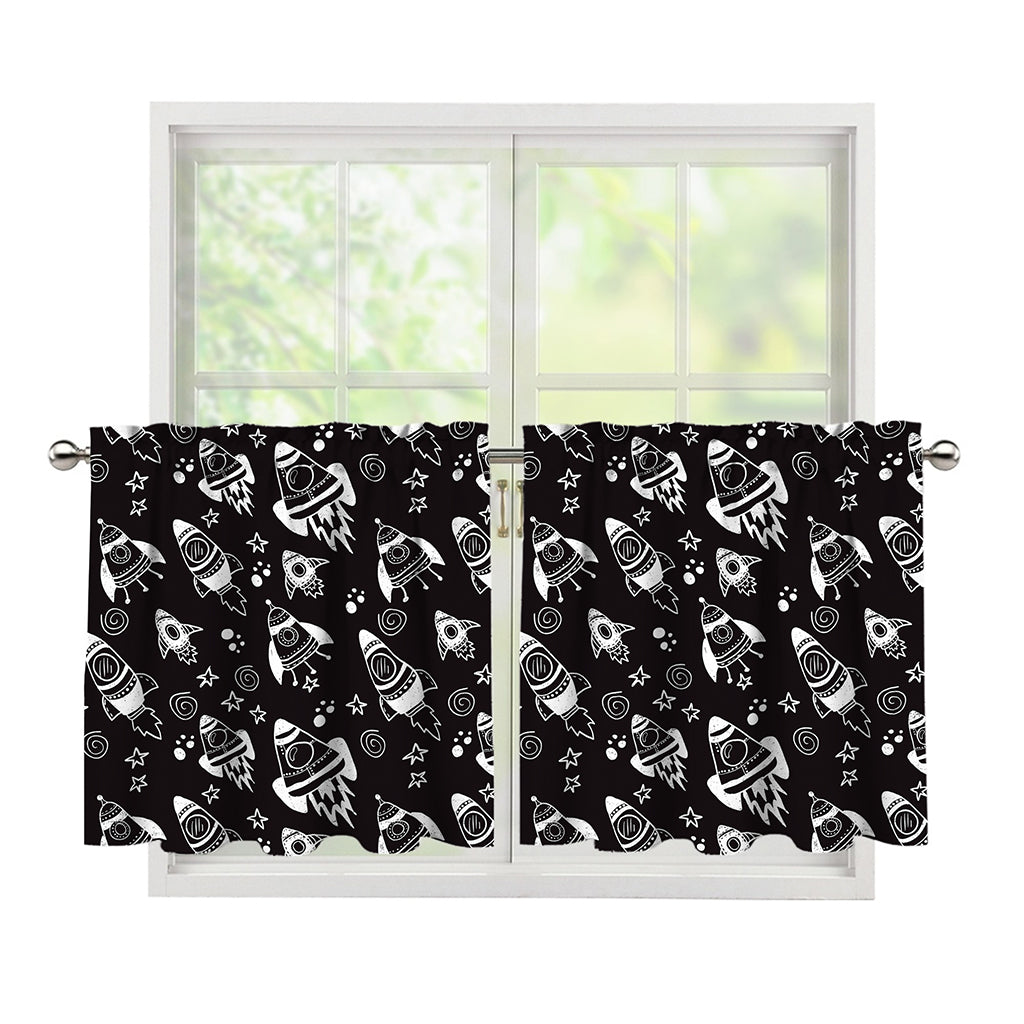 Black And White Rocket Pattern Print Tier Curtains