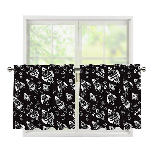 Black And White Rocket Pattern Print Tier Curtains