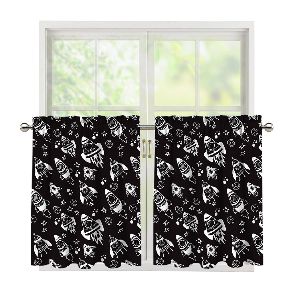 Black And White Rocket Pattern Print Tier Curtains