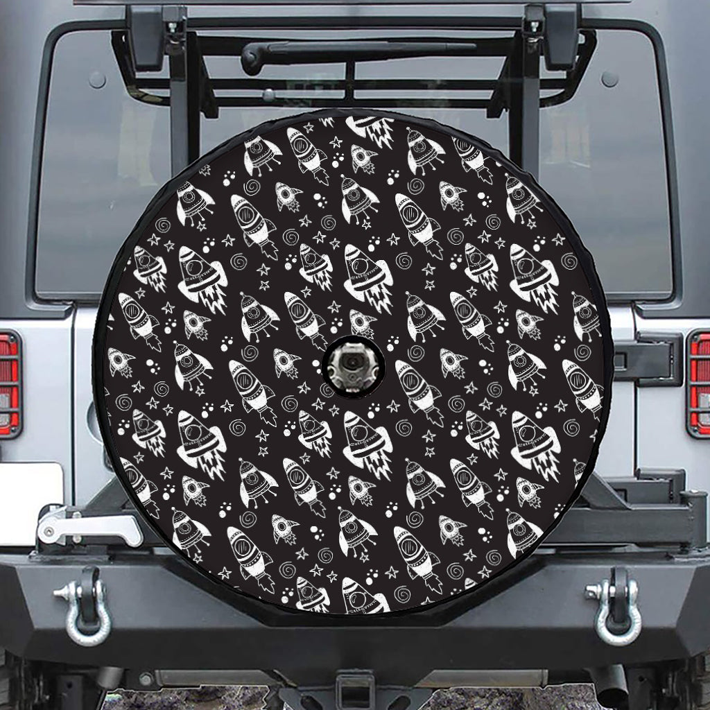 Black And White Rocket Pattern Print Tire Cover With Camera Hole