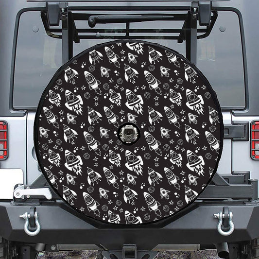 Black And White Rocket Pattern Print Tire Cover With Camera Hole