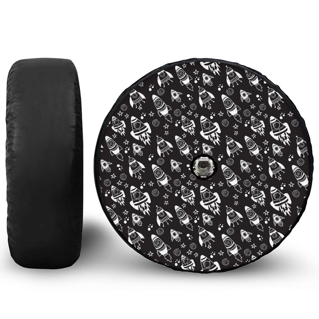 Black And White Rocket Pattern Print Tire Cover With Camera Hole