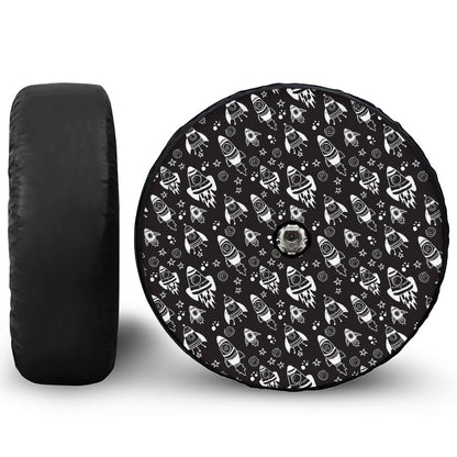 Black And White Rocket Pattern Print Tire Cover With Camera Hole