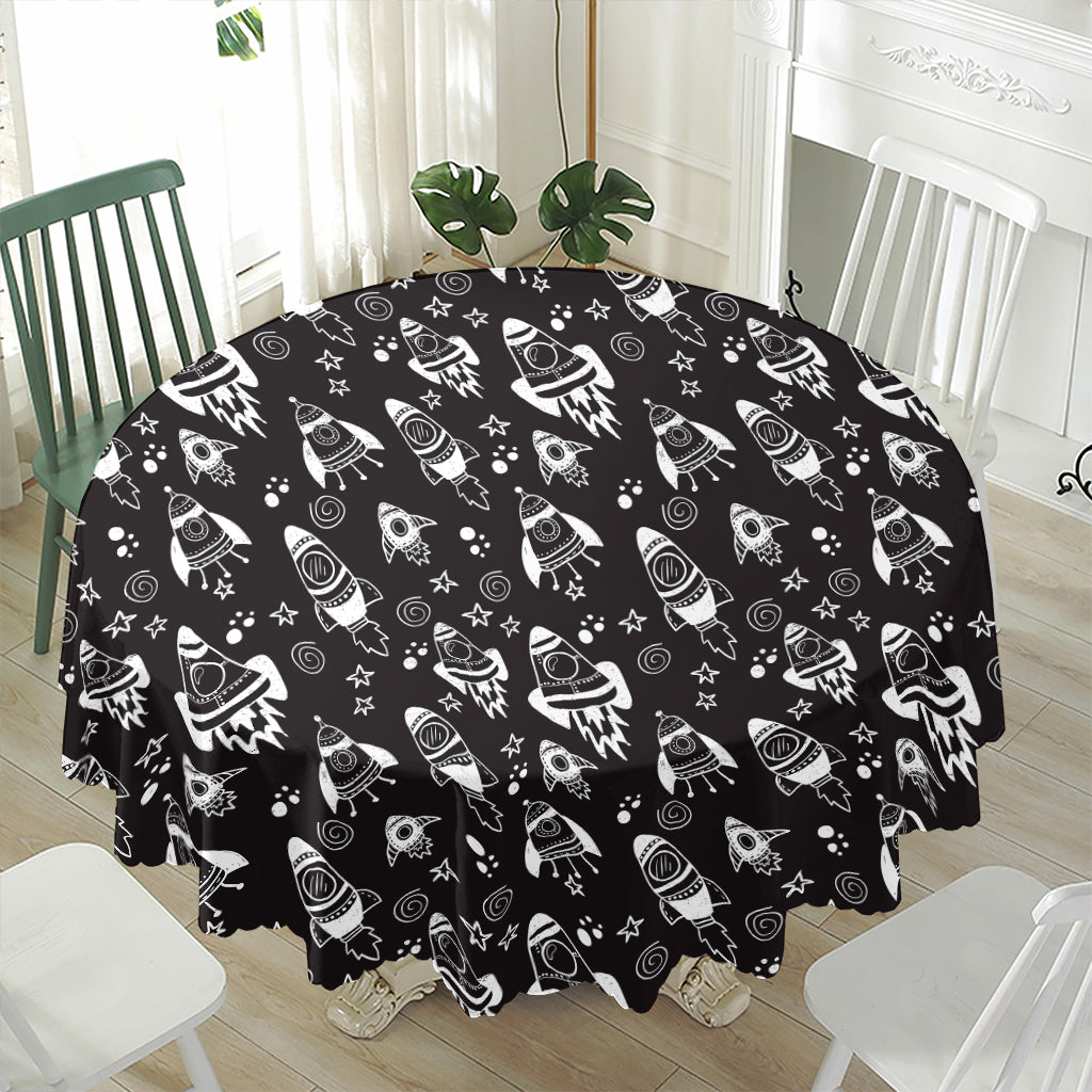 Black And White Rocket Pattern Print Waterproof Round Tablecloth