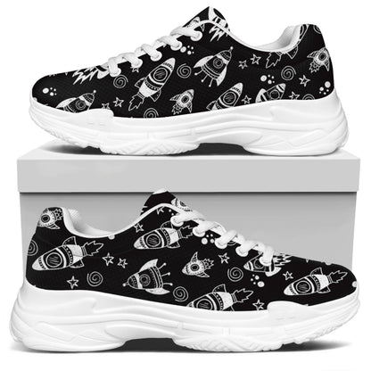 Black And White Rocket Pattern Print White Chunky Shoes