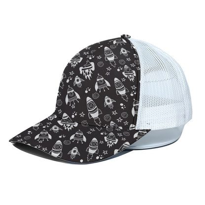 Black And White Rocket Pattern Print White Mesh Trucker Cap