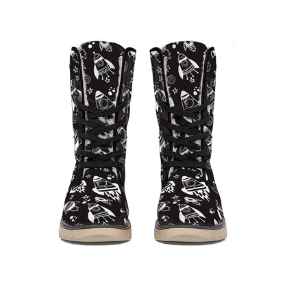 Black And White Rocket Pattern Print Winter Boots