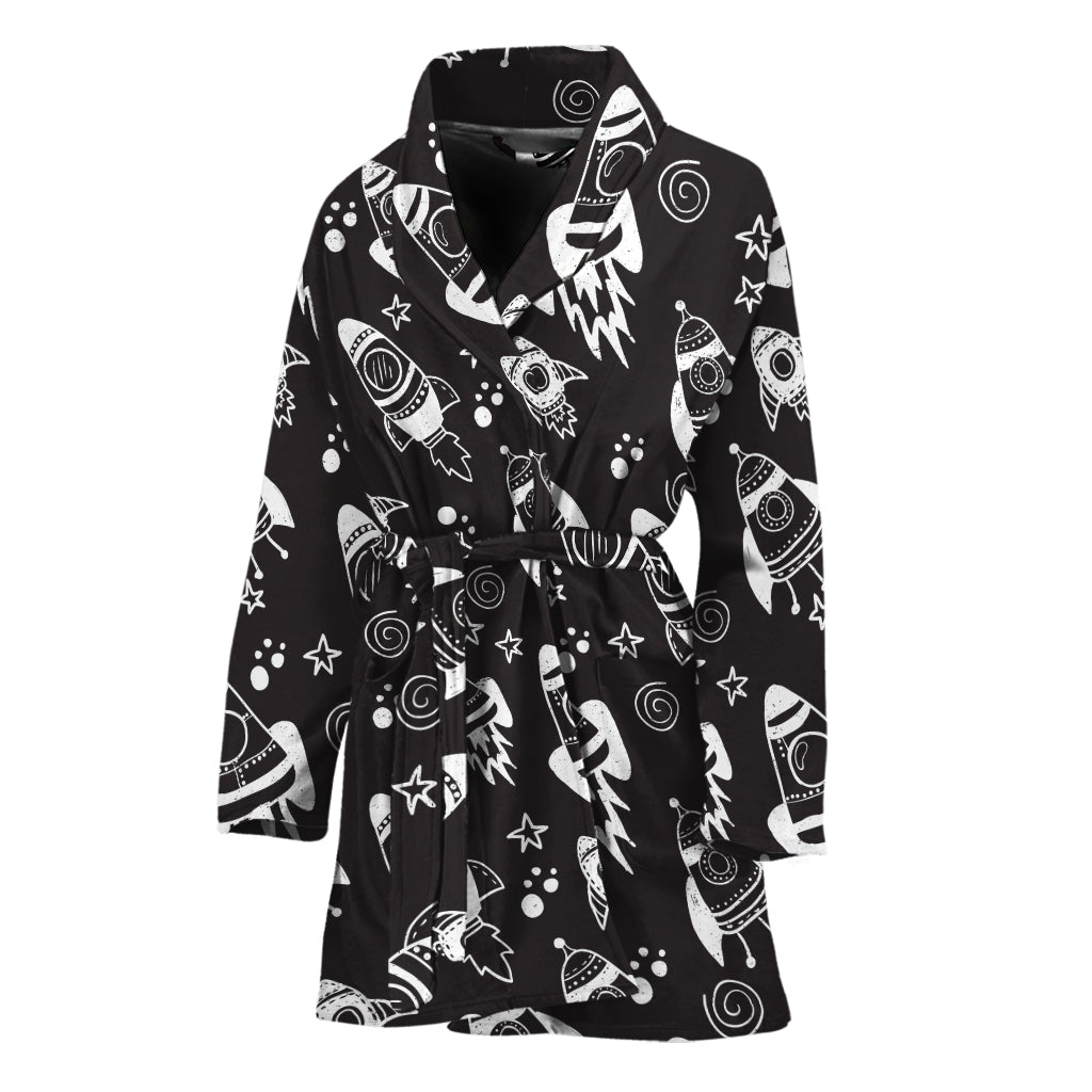 Black And White Rocket Pattern Print Women's Bathrobe