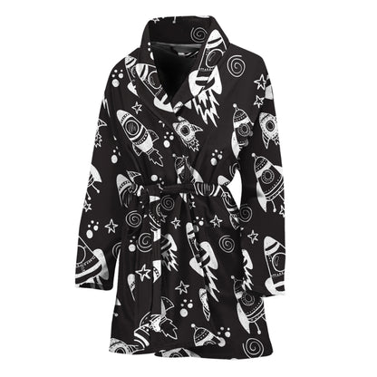 Black And White Rocket Pattern Print Women's Bathrobe