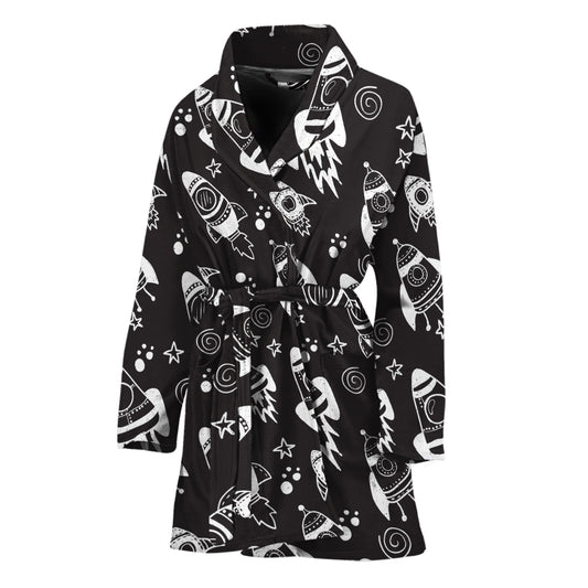 Black And White Rocket Pattern Print Women's Bathrobe