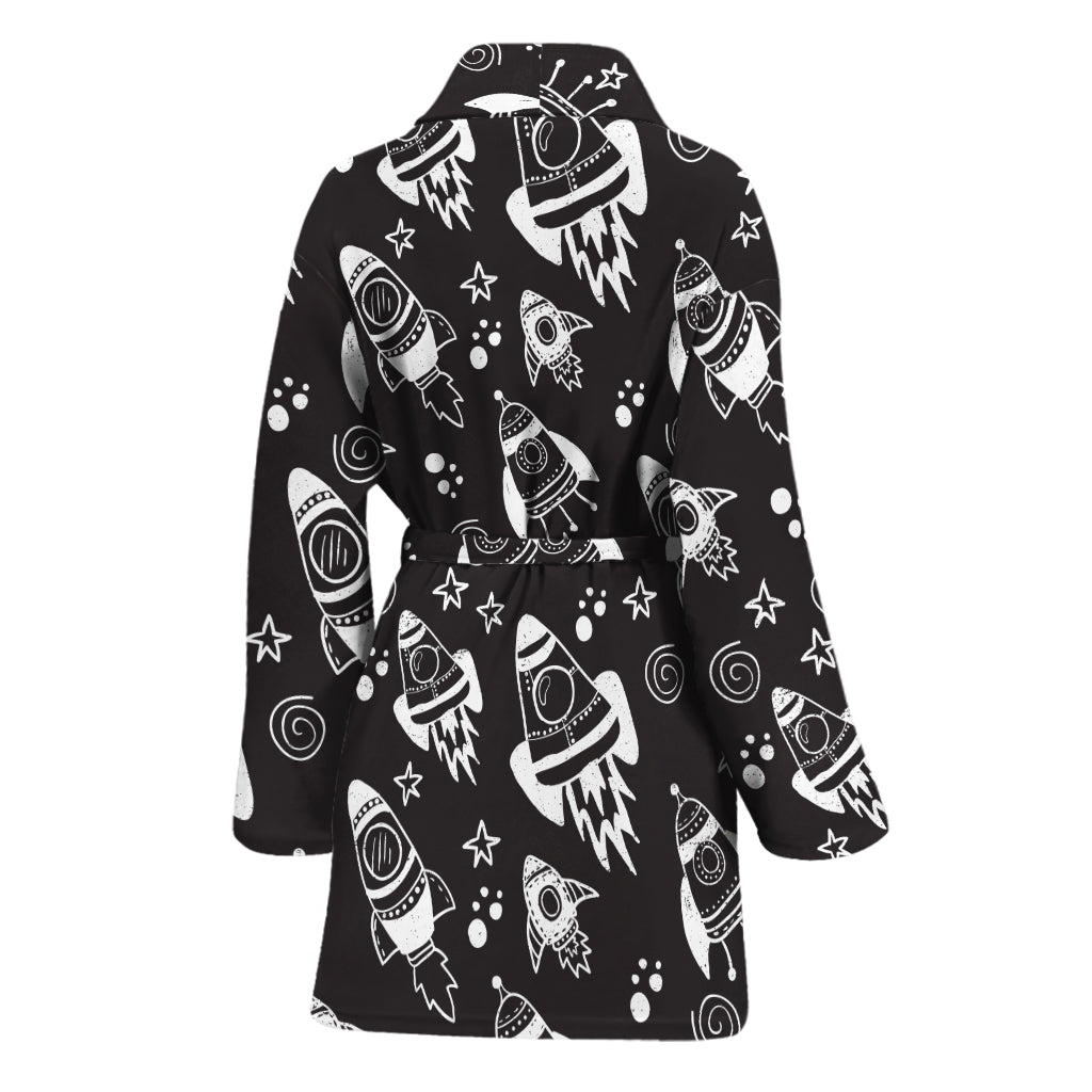 Black And White Rocket Pattern Print Women's Bathrobe