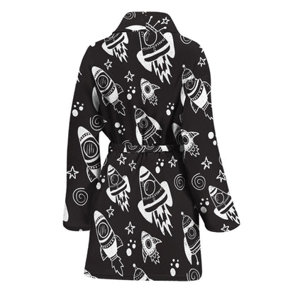 Black And White Rocket Pattern Print Women's Bathrobe