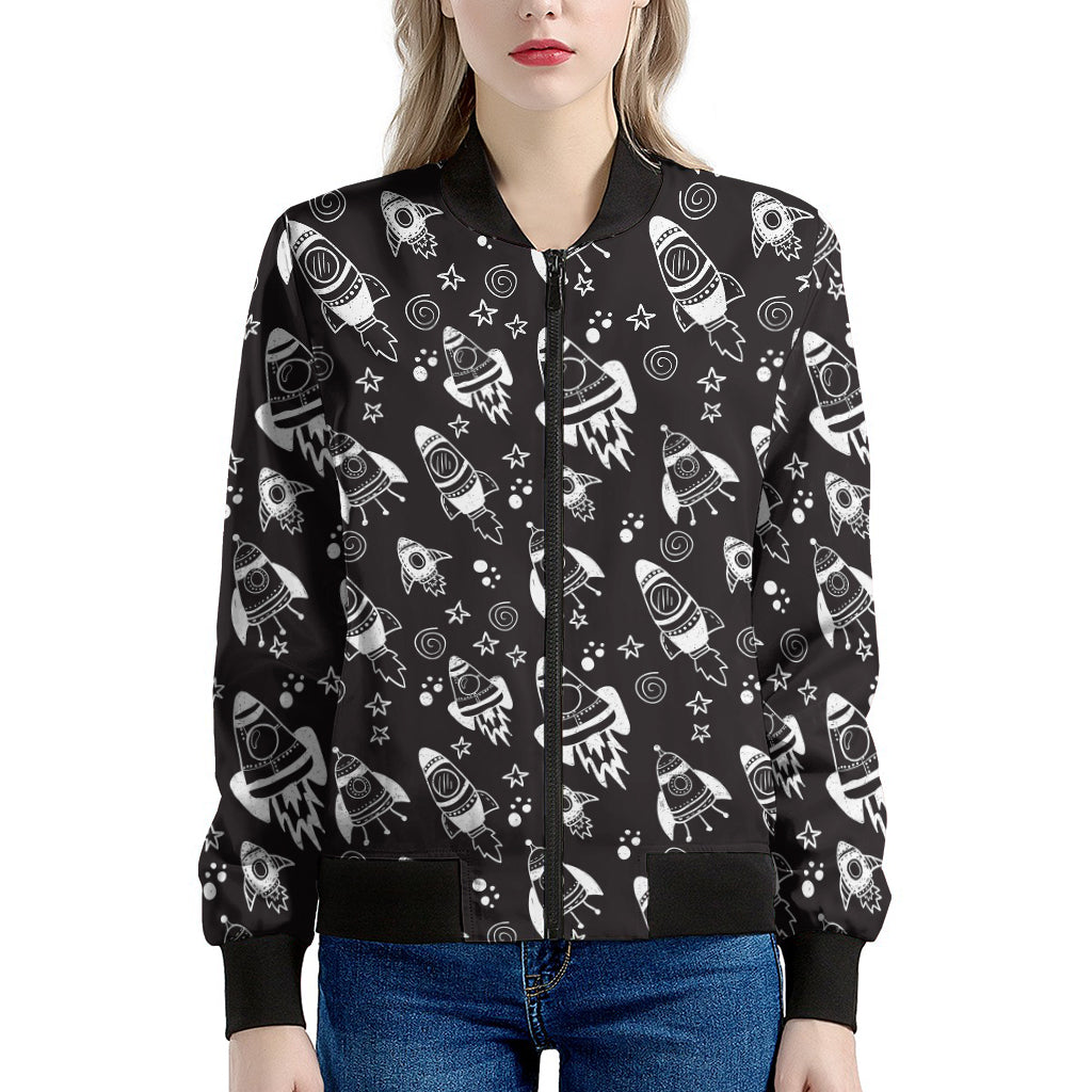 Black And White Rocket Pattern Print Women's Bomber Jacket