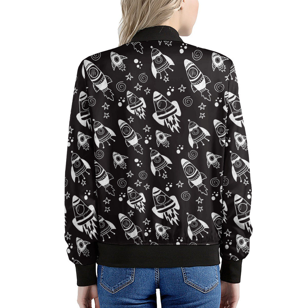 Black And White Rocket Pattern Print Women's Bomber Jacket