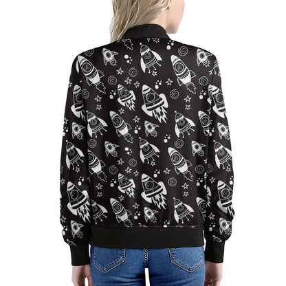 Black And White Rocket Pattern Print Women's Bomber Jacket