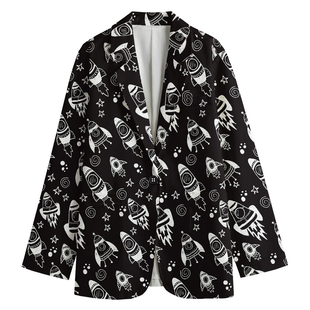 Black And White Rocket Pattern Print Women's Cotton Blazer