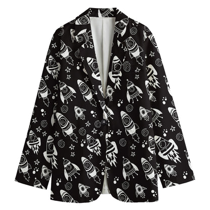 Black And White Rocket Pattern Print Women's Cotton Blazer