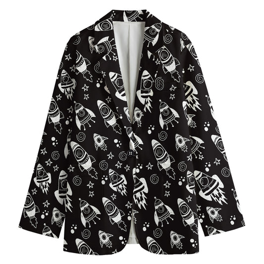 Black And White Rocket Pattern Print Women's Cotton Blazer