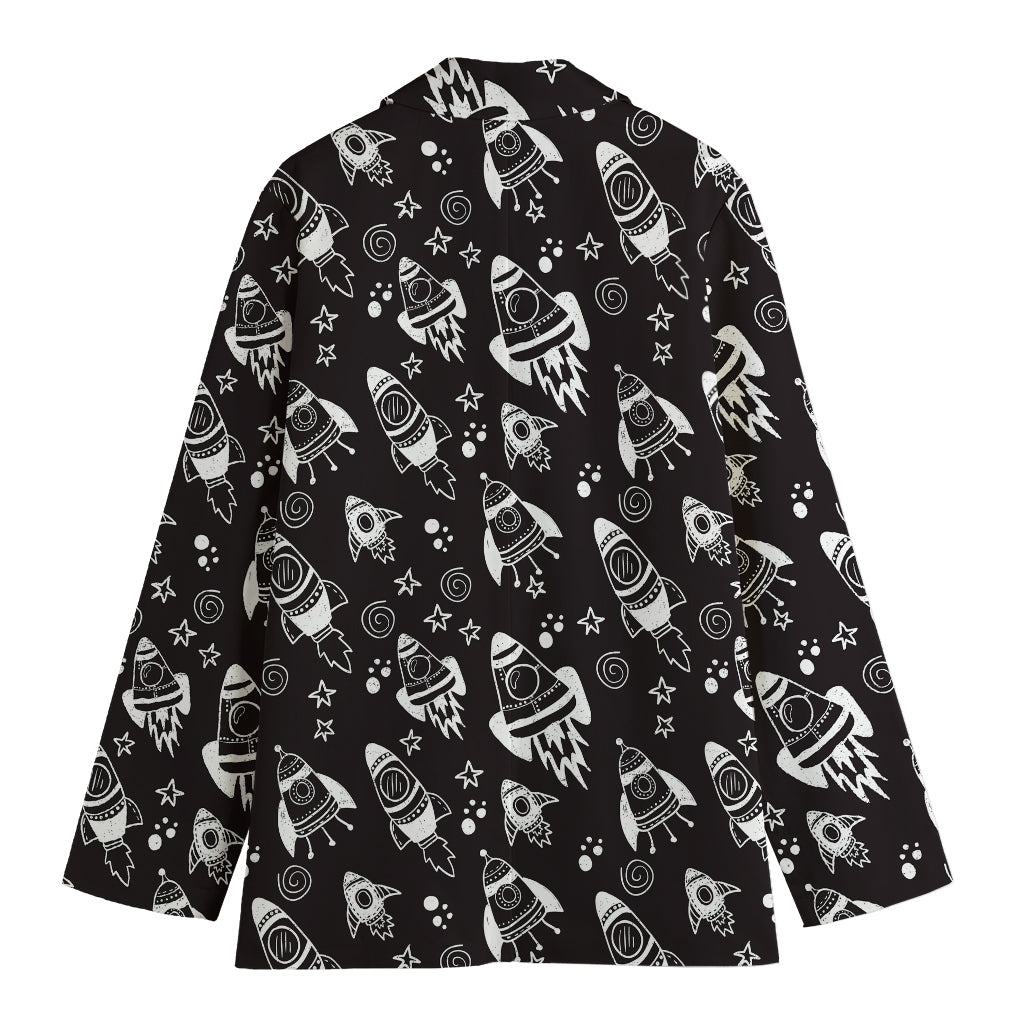 Black And White Rocket Pattern Print Women's Cotton Blazer