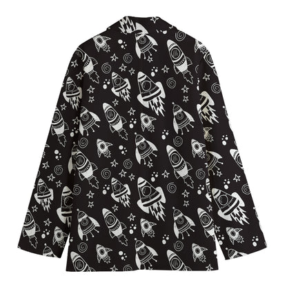 Black And White Rocket Pattern Print Women's Cotton Blazer