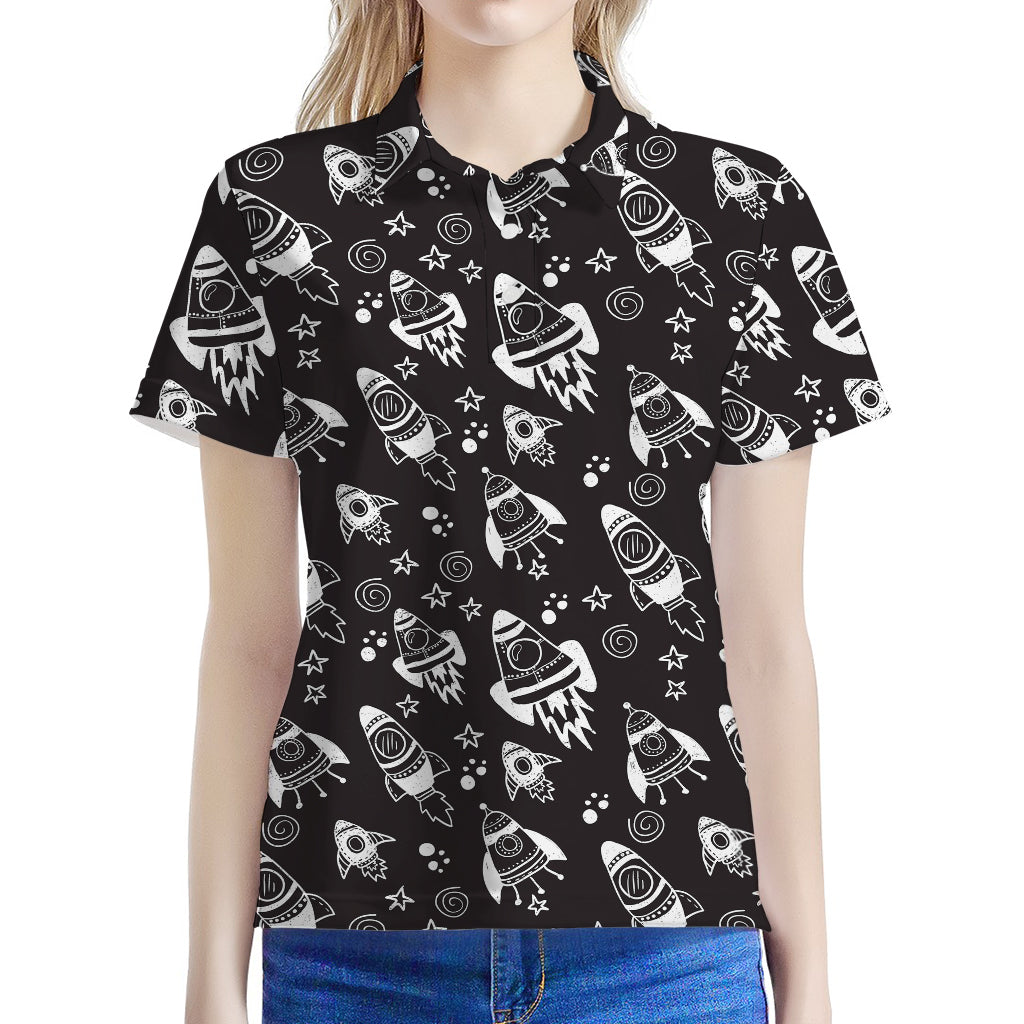 Black And White Rocket Pattern Print Women's Polo Shirt