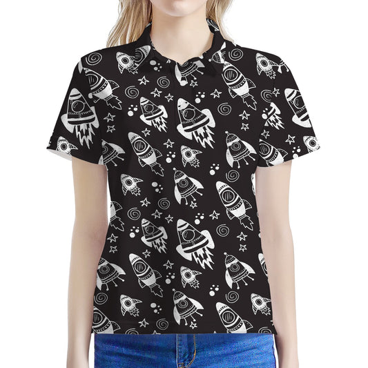 Black And White Rocket Pattern Print Women's Polo Shirt