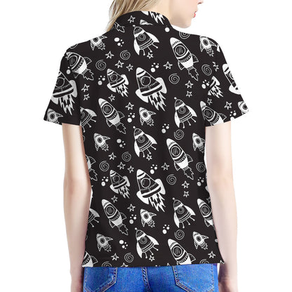 Black And White Rocket Pattern Print Women's Polo Shirt