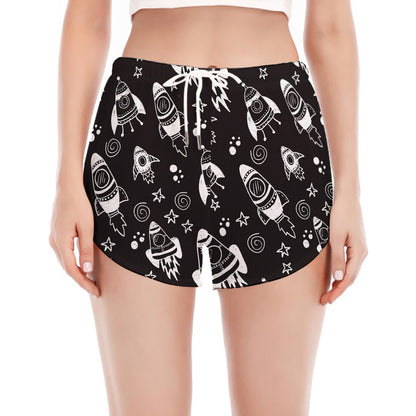 Black And White Rocket Pattern Print Women's Split Running Shorts