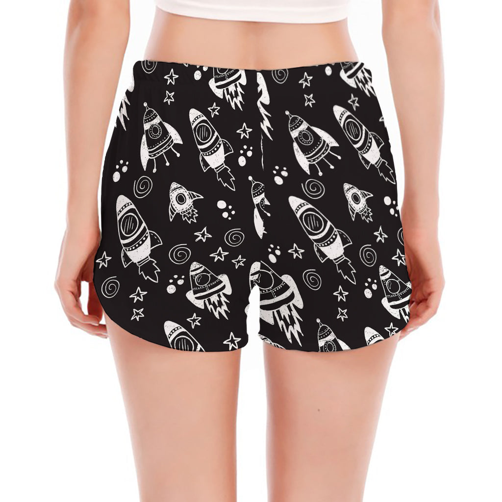 Black And White Rocket Pattern Print Women's Split Running Shorts