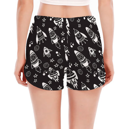 Black And White Rocket Pattern Print Women's Split Running Shorts