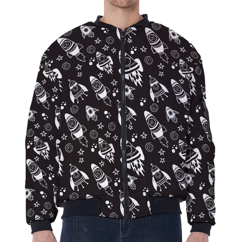 Black And White Rocket Pattern Print Zip Sleeve Bomber Jacket