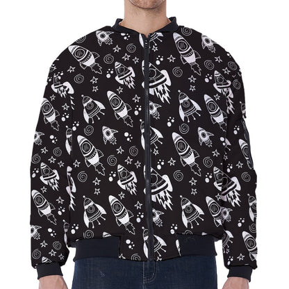 Black And White Rocket Pattern Print Zip Sleeve Bomber Jacket