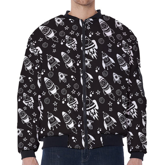 Black And White Rocket Pattern Print Zip Sleeve Bomber Jacket