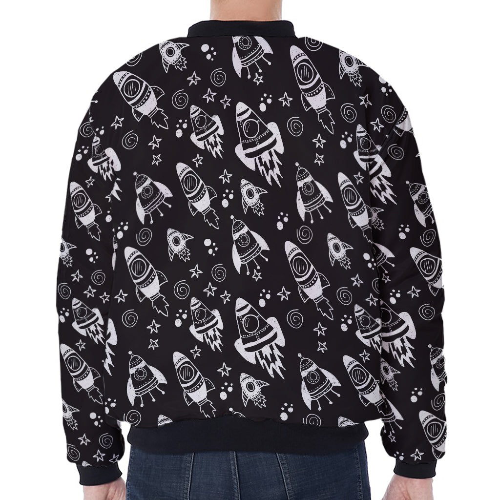 Black And White Rocket Pattern Print Zip Sleeve Bomber Jacket