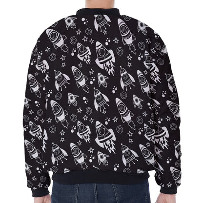 Black And White Rocket Pattern Print Zip Sleeve Bomber Jacket