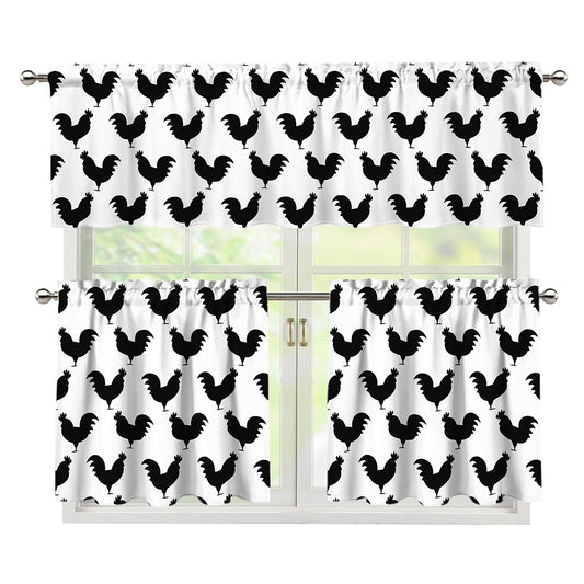 Black And White Rooster Pattern Print 3 Piece Kitchen Curtains