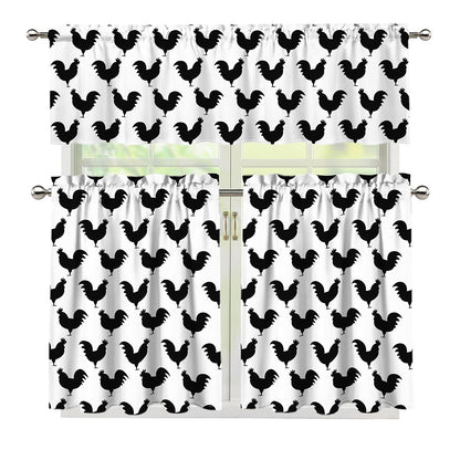 Black And White Rooster Pattern Print 3 Piece Kitchen Curtains