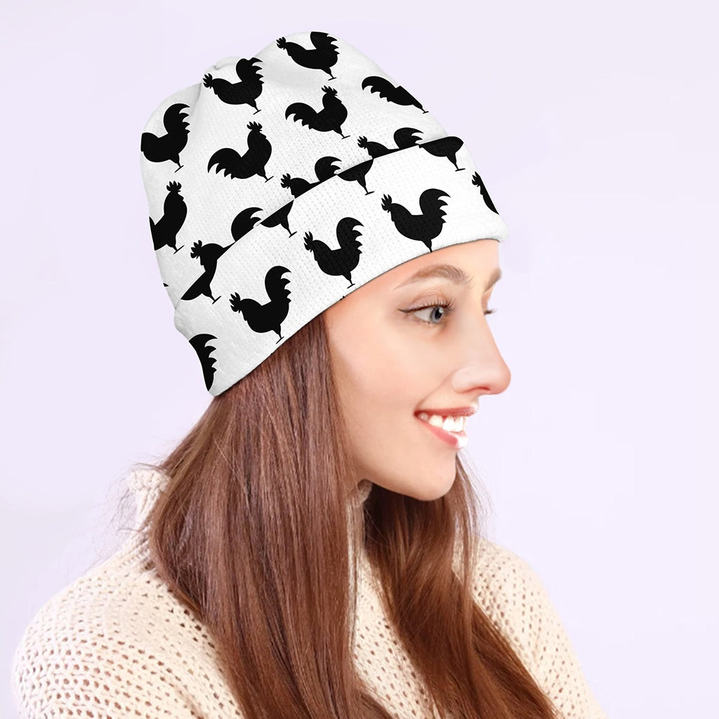 Black And White Rooster Pattern Print Beanie