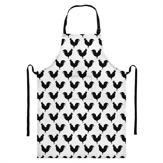 Black And White Rooster Pattern Print Bib Apron With Pocket