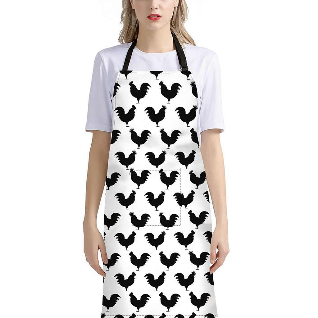 Black And White Rooster Pattern Print Bib Apron With Pocket