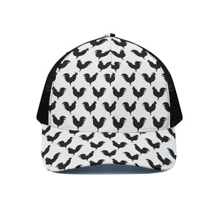 Black And White Rooster Pattern Print Black Mesh Trucker Cap