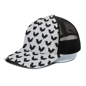 Black And White Rooster Pattern Print Black Mesh Trucker Cap