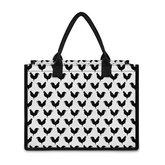 Black And White Rooster Pattern Print Canvas Tote Bag