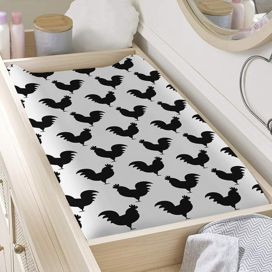 Black And White Rooster Pattern Print Changing Pad Cover