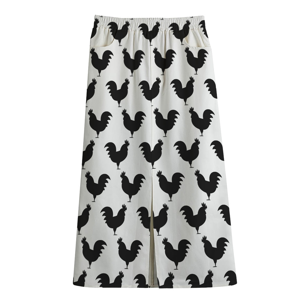 Black And White Rooster Pattern Print Cotton Front Slit Maxi Skirt