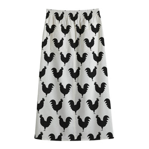 Black And White Rooster Pattern Print Cotton Front Slit Maxi Skirt