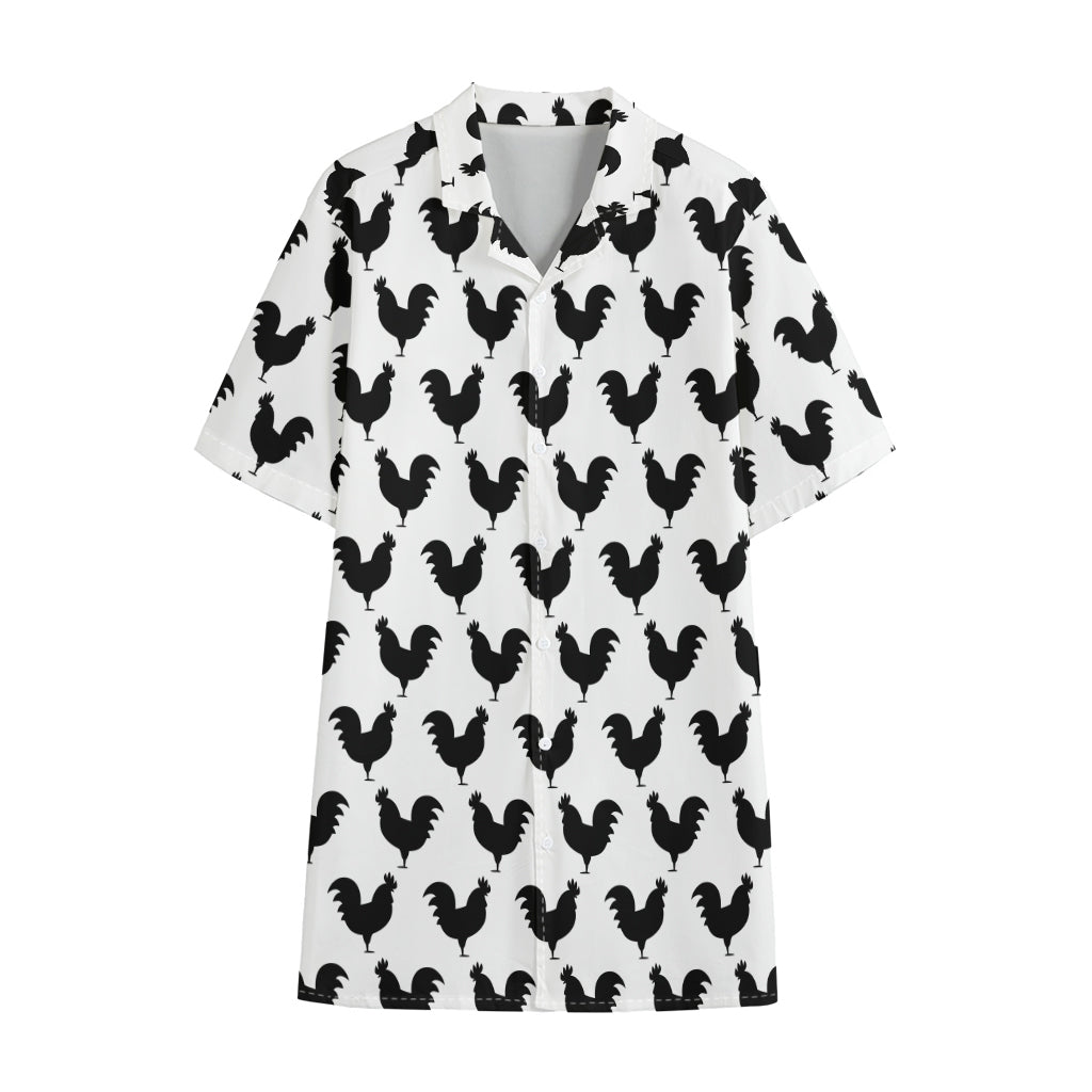 Black And White Rooster Pattern Print Cotton Hawaiian Shirt